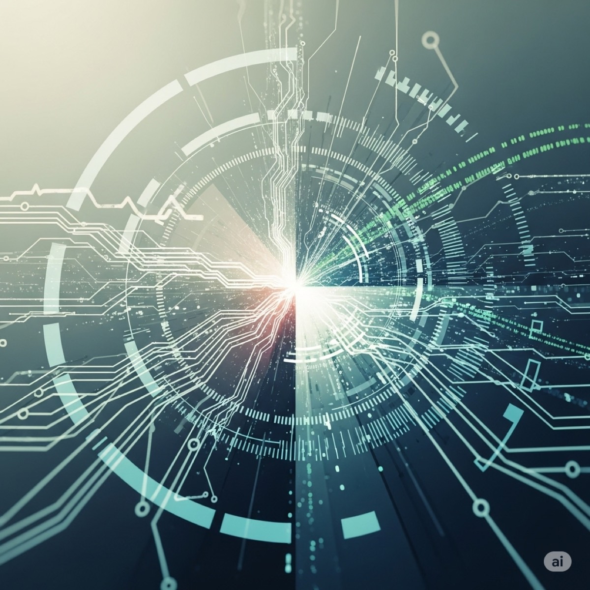 Circuitos y trazos de datos convergiendo en un punto de luz